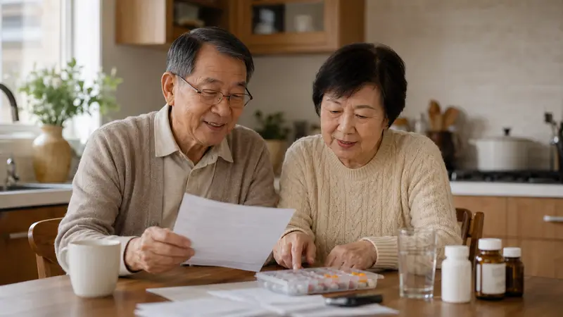 华人长者夫妻在家中核对保险与医疗文件