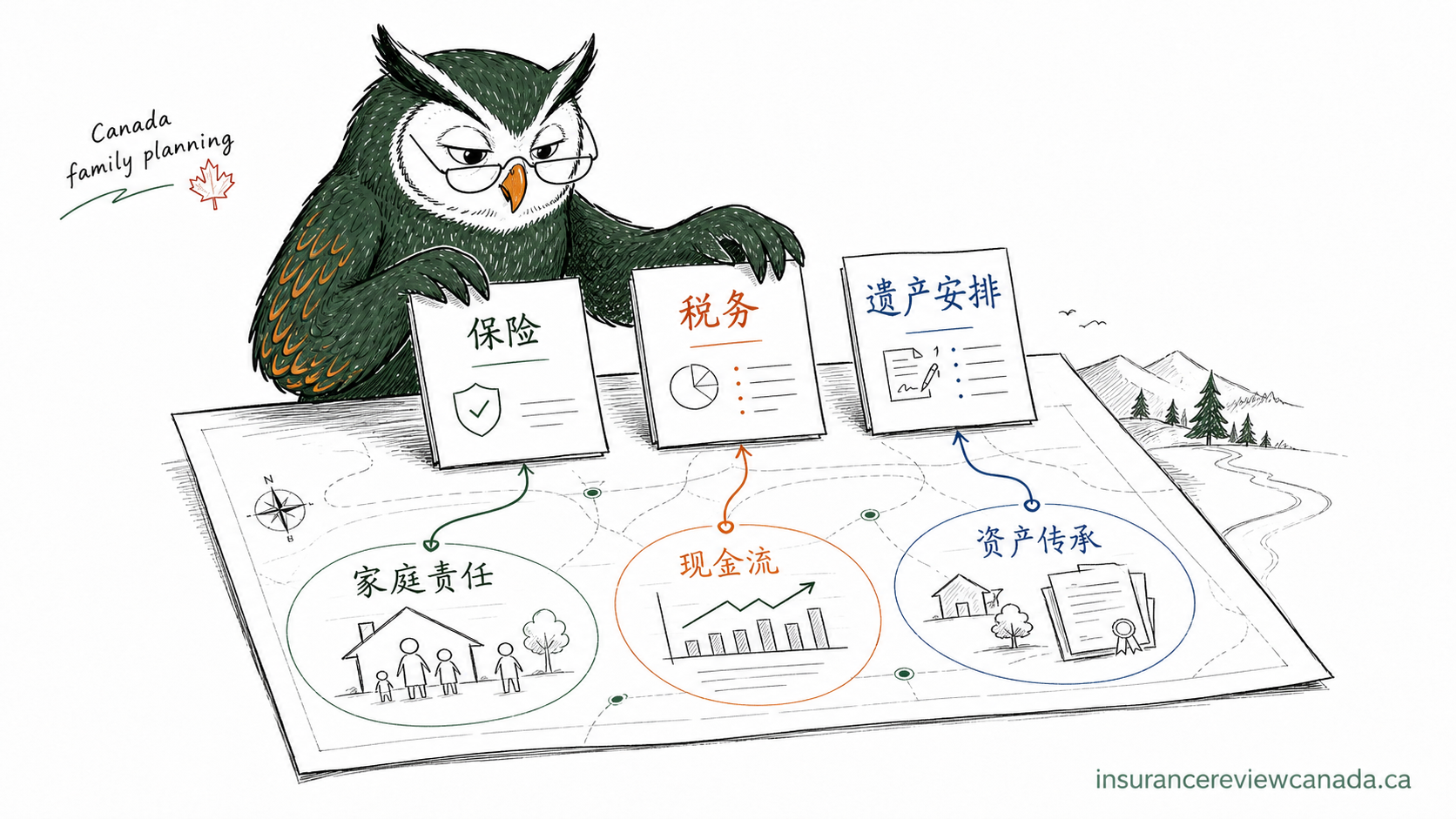 手绘猫头鹰把保险、税务、遗产安排三张卡片摆在一张家庭财务全景图上，用箭头连接家庭责任 / 现金流 / 资产传承三个区块
