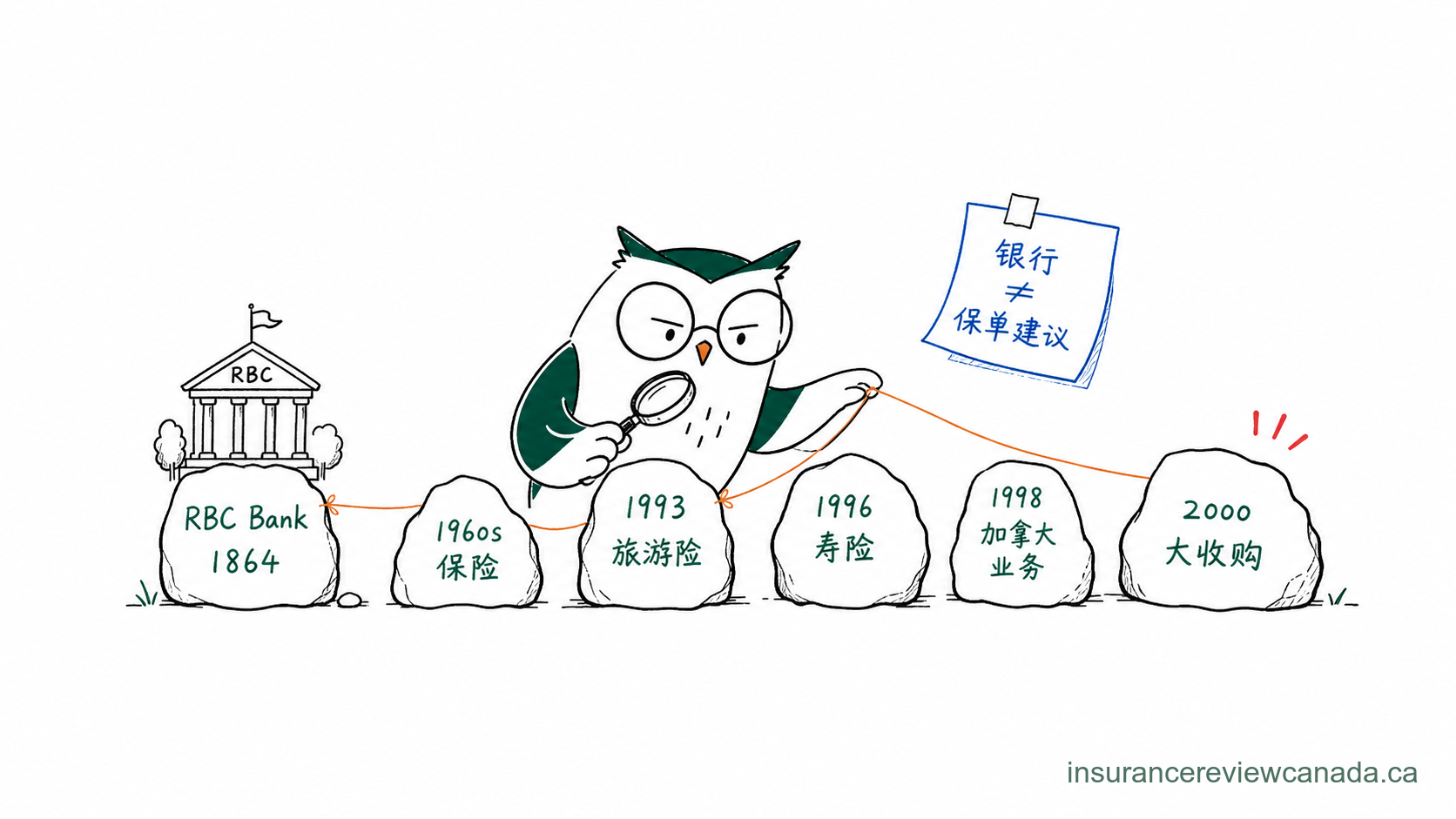 手绘猫头鹰展示 1864 年 RBC Bank 起源到现代 RBC Insurance 业务的发展线索，背景含 4 次保险公司收购的时间节点